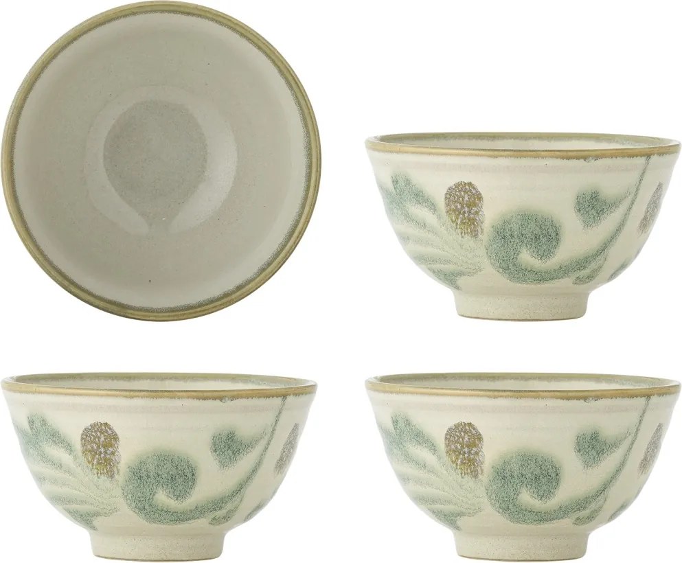 Set 4 boluri din ceramică natur, pictate manual cu motive botanice, „Bethany", 11,5 x 6,5 cm