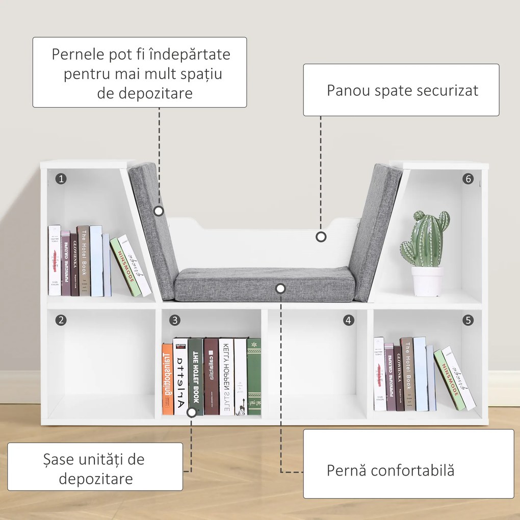 HOMCOM Bibliotecă 2 în 1 cu Perne Confortabile și 6 Compartimente, Mobilier Multifuncțional pentru Cărți și Jocuri, Raft cu 6 Cuburi pentru Sufragerie, Dormitor și Birou, 102x30x61 cm, Alb | Aosom Romania
