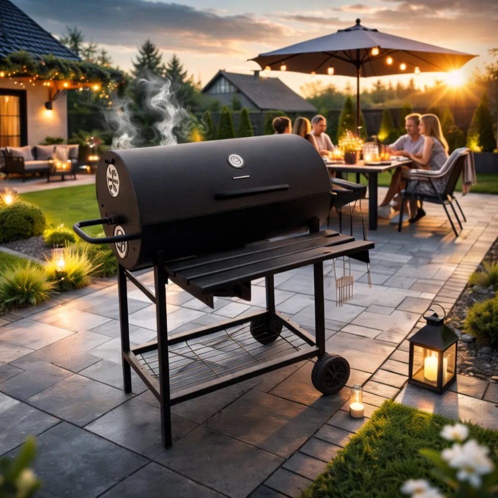 Grătar mare de grădină cu cărbune, cu capac și termometru