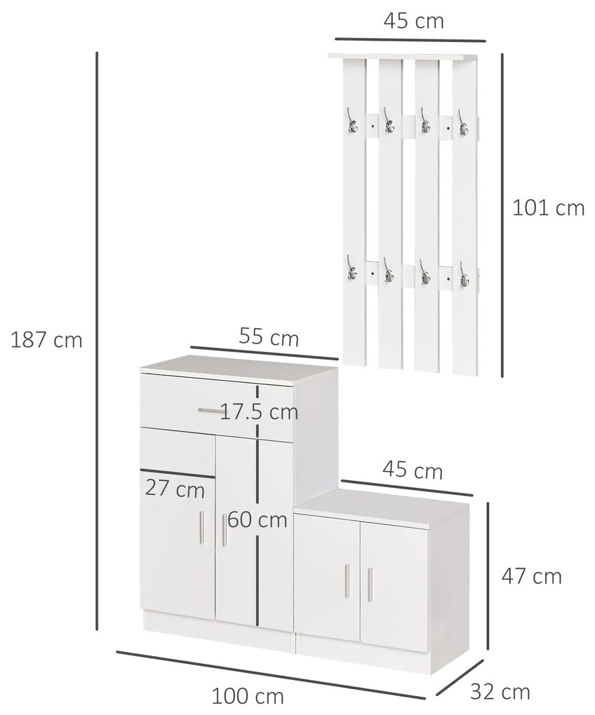 HOMCOM Mobilier de Hol cu Cuier din Lemn, Spațiu de Depozitare și Design Elegant, 100x32x187cm, Alb | Aosom Romania