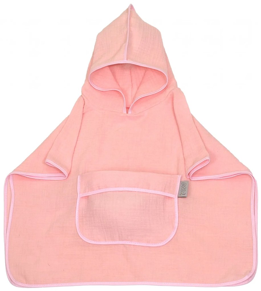 Prosop din bumbac muselina cu gluga si buzunar pentru bebelusi si copii, Poncho, Rose, 60x65 cm