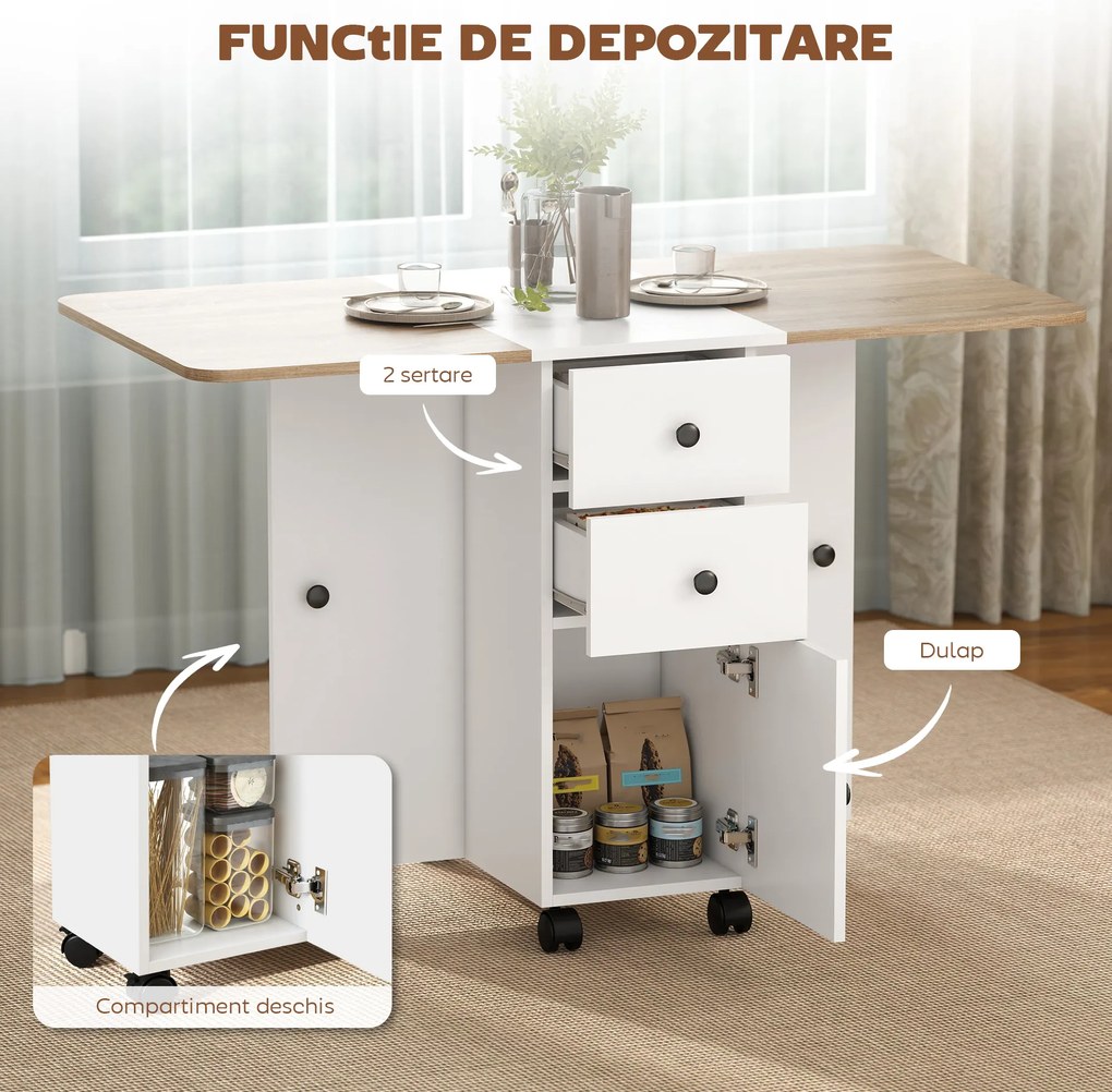 HOMCOM Masă Rabatabilă pentru Maxim 6 Persoane cu 2 Sertare, Dulap și Raft Posterior, 120x60x76.5 cm, Alb | Aosom Romania
