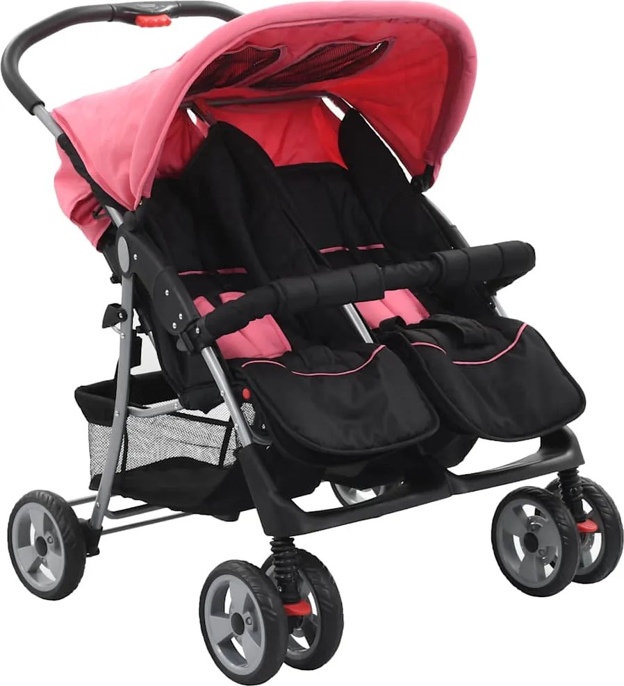 vidaXL Cărucior dublu pentru copii, roz și negru, oțel