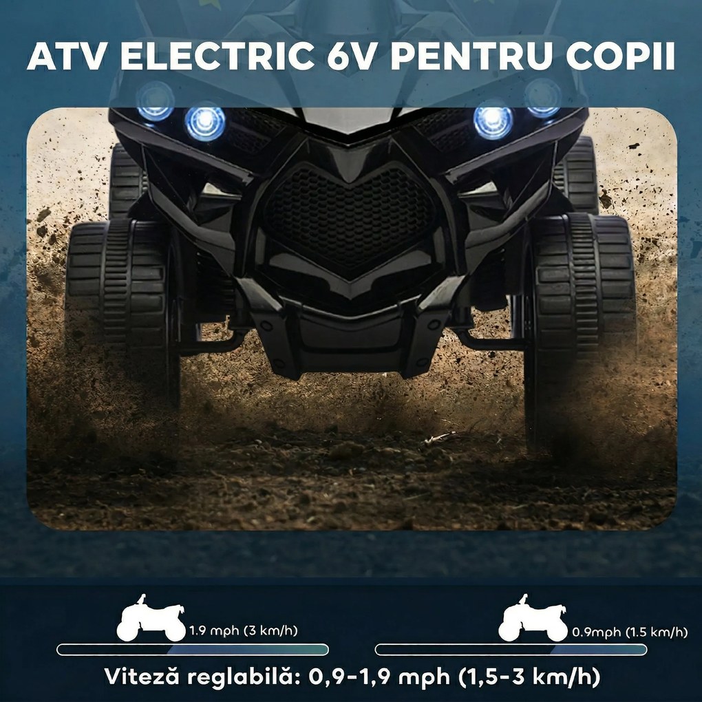 AIYAPLAY ATV Electric 6V pentru Copii, Vehicul cu 4 Roți cu Muzică și Faruri LED, pentru Vârste între 3-8 Ani, Negru | Aosom Romania