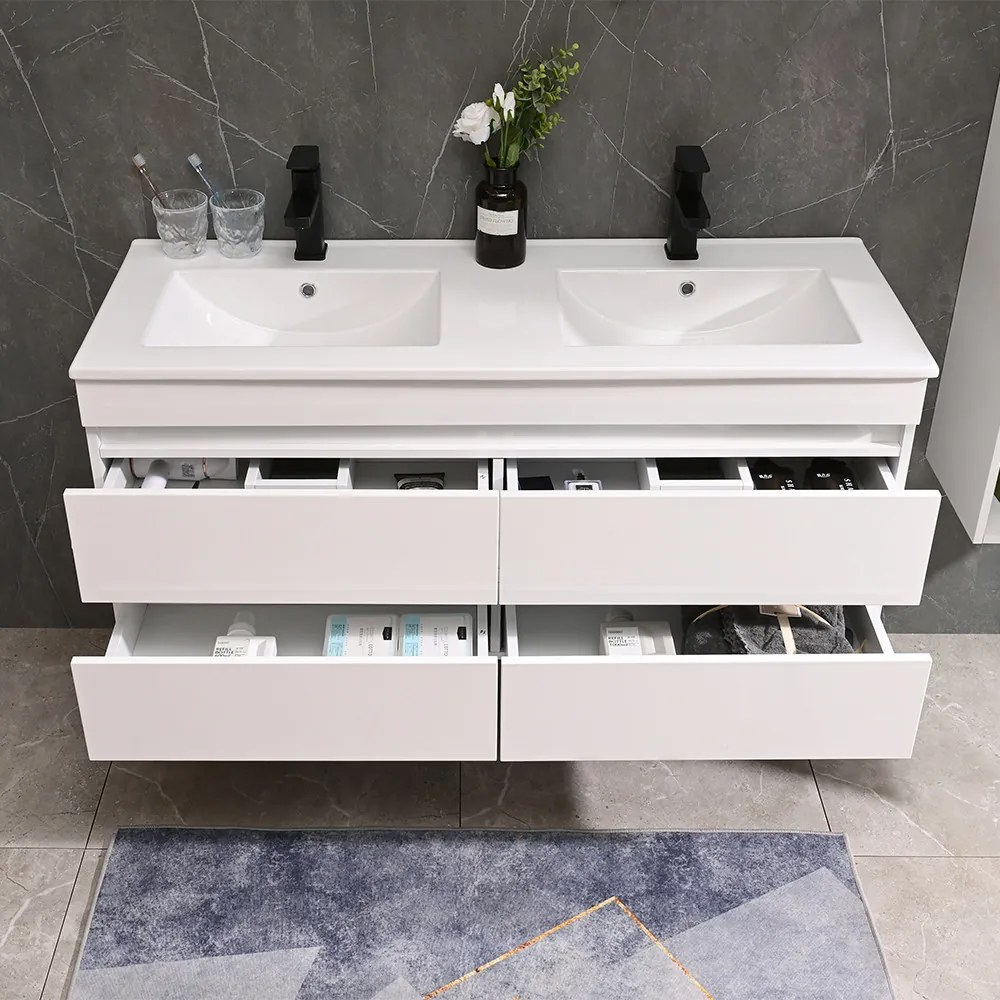 Mască de baie Cube 120 cu chiuvetă ceramică, 2 sertare, vopsită în alb lucios