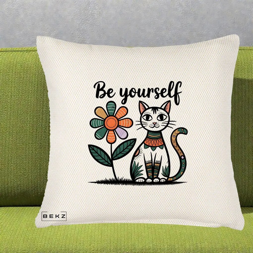Perna Personalizata Be Yourself Pisica Folk, 40x40 cm, Crem Reliefat, Husa Detasabila, Perna Inclusa, BEKZ®