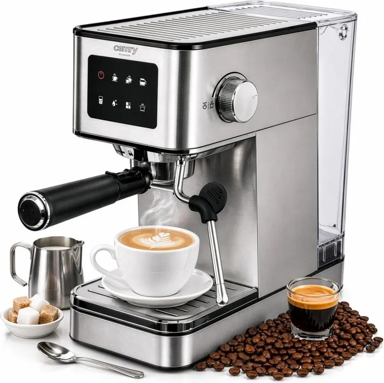 Aparat de espresso 7-în-1 Camry CR 4389, 1200 W, 20 bar, 1,7 l, control PID, panou LCD tactil, încălzire cești, extracție la rece, oțel inoxidabil