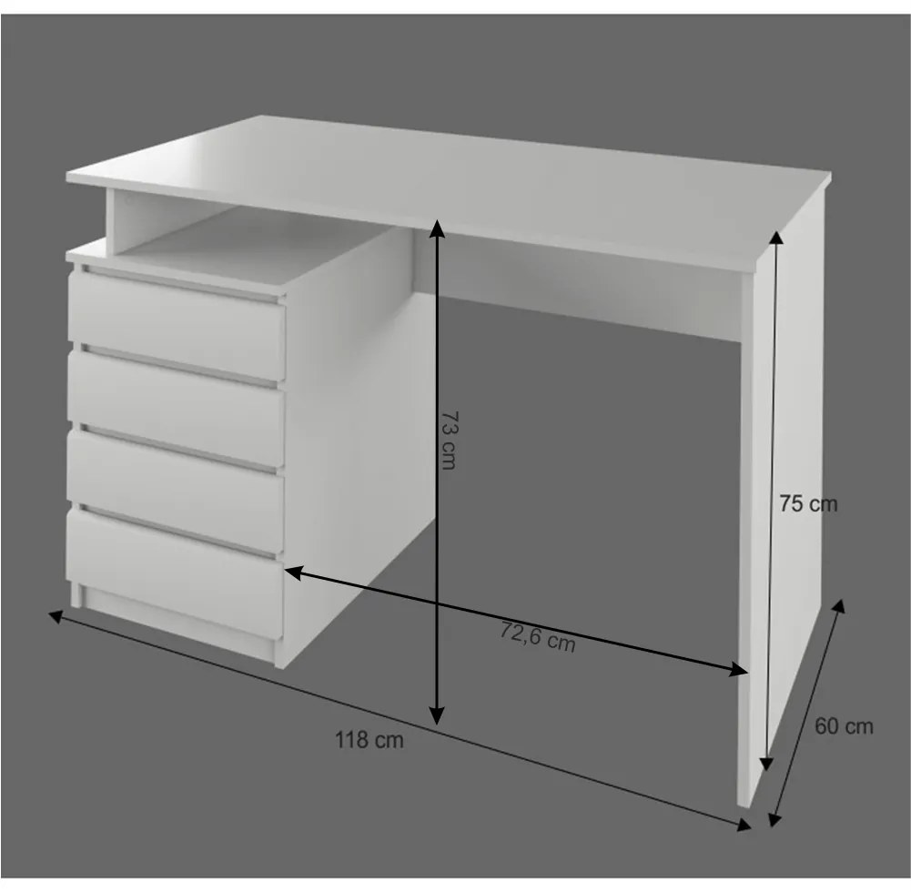 Birou cu 4 sertare, 118 cm lungime, alb, Bortis