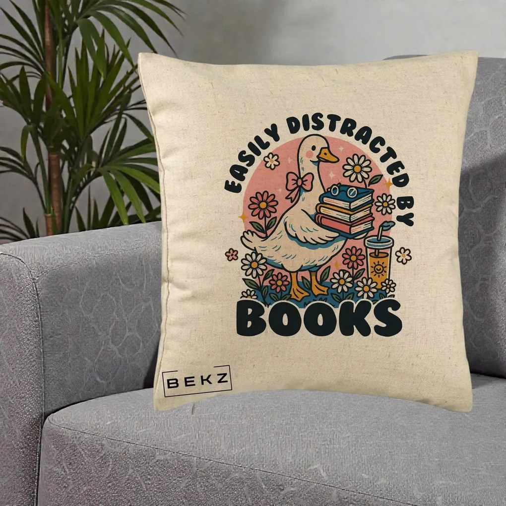 Perna Personalizata Easily Distracted by Books, 40x40 cm, Bej, Husa Detasabila, Perna Inclusa, BEKZ®