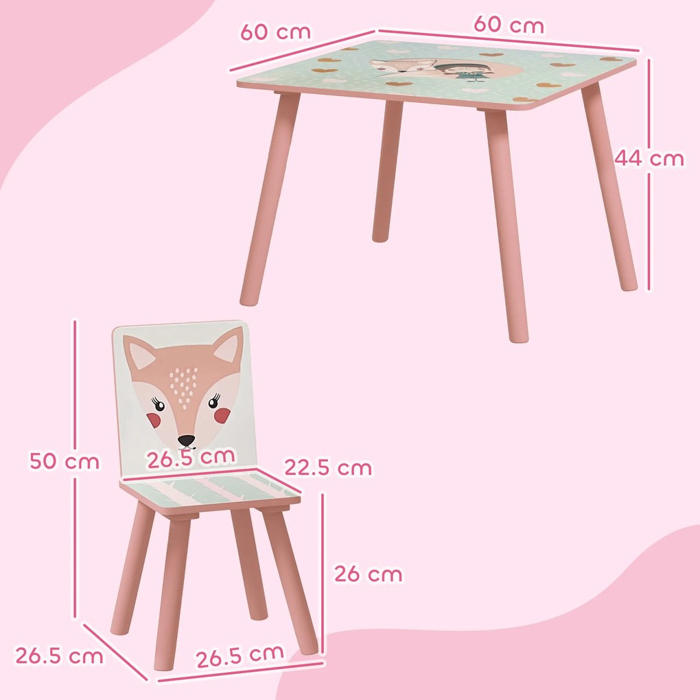 Set masă și scaun 3 piese ZONEKIZ pentru copii cu vârsta între 3-8 ani din MDF și lemn de pin cu desene animale, de culoare roz | Aosom Romania