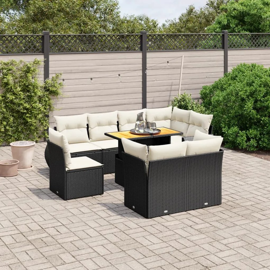 3272288 vidaXL Set mobilier de grădină cu perne, 9 piese, negru, poliratan