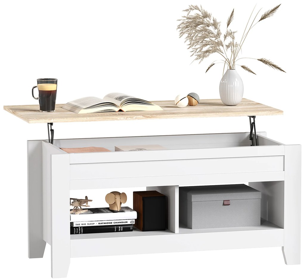 HOMCOM Masă de cafea cu blat rabatabil, masă de living cu rafturi și compartiment ascuns,105 x 50 x 49-62,5 cm alb | Aosom Romania