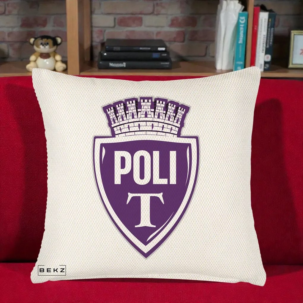 Perna Personalizata Poli Timisoara Fotbal, 40x40 cm, Crem Reliefat, Husa Detasabila, Perna Inclusa, BEKZ®