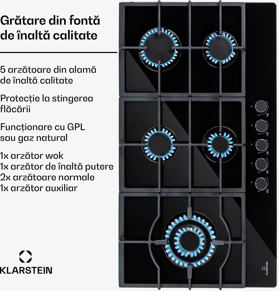 Klarstein Ignito Chef Edition, 5 zone, plită pe gaz, 5 arzătoare, arzătoare Sabaf, suprafață din sticlă ceramică