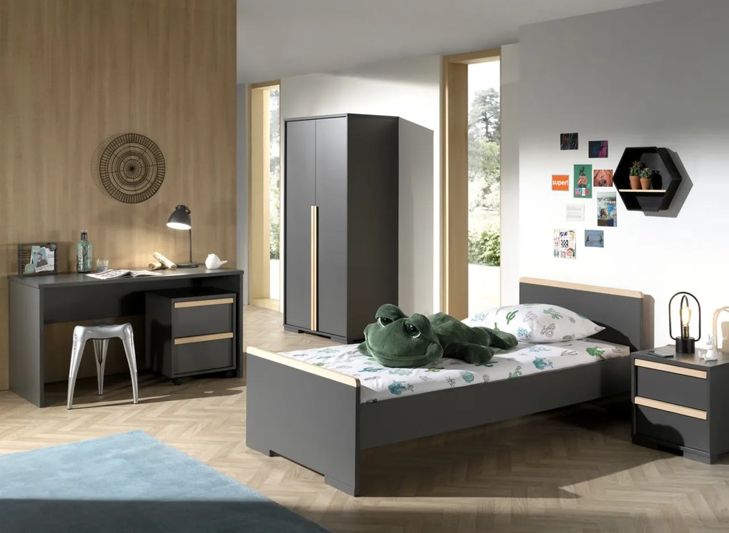 Set LONDON în culoarea antracit format dintr-un Pat copii (90x200) cu noptieră, Dulap camera copii cu 2 uși și birou cu cărucior de birou.