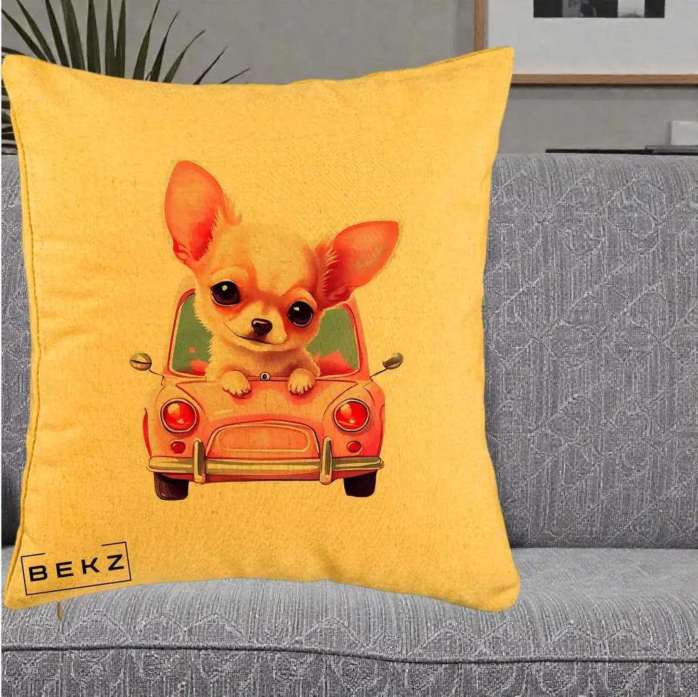 Perna Decorativa Chihuahua Roz in Masinuta, 40x40 cm, Galben, Husa Detasabila, Perna Inclusa, BEKZ®