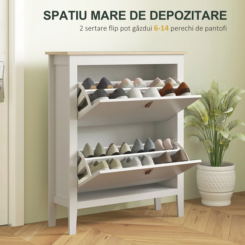 HOMCOM Pantofar cu 2 Sertare Rabatabile pentru 14 Perechi de Pantofi și Rafturi Reglabile, 80x24x95.5 cm, Alb | Aosom Romania