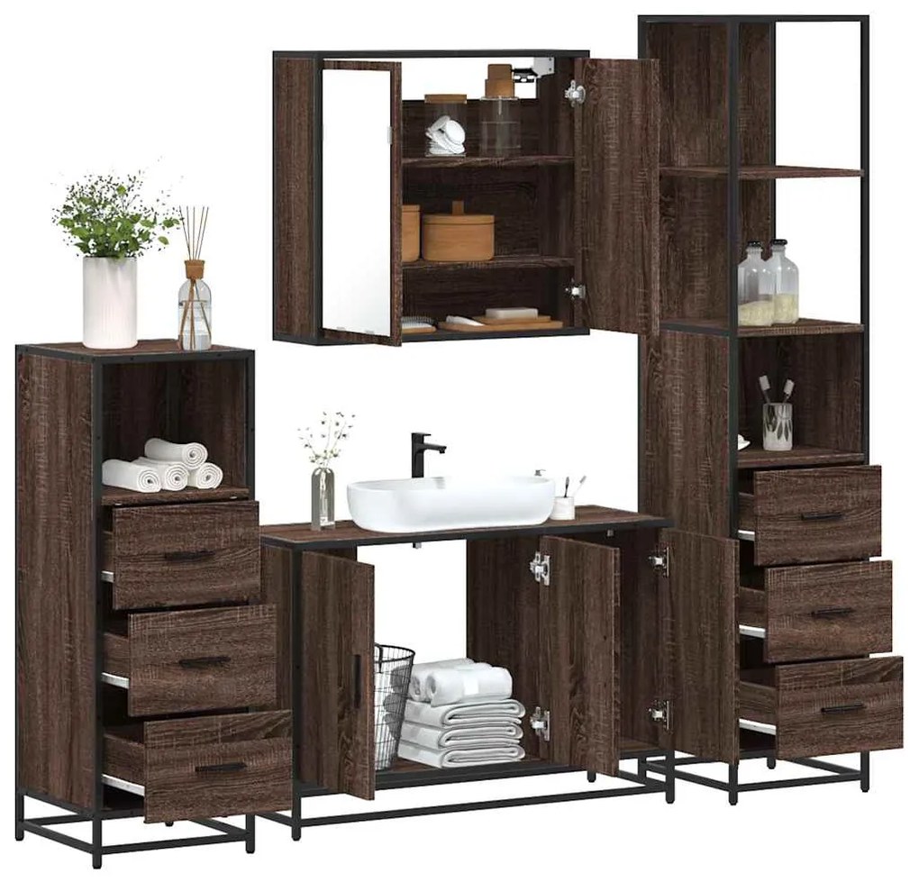 vidaXL Set de mobilier de baie din 4 piese din lemn de stejar maro