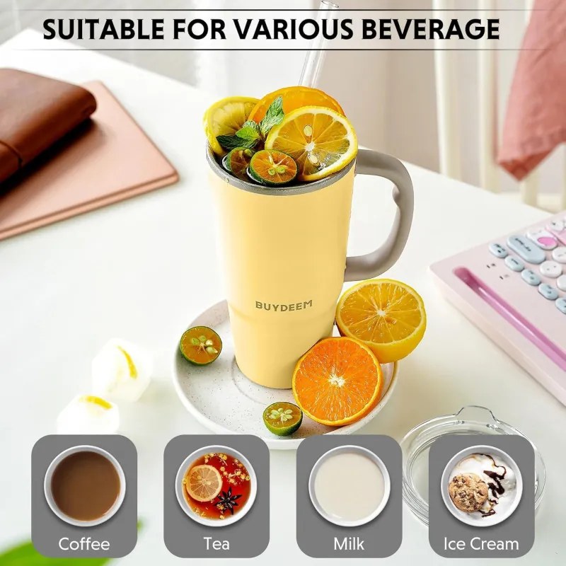 Pahar termo cu pai incorporat Buydeem DS57-OW, 700 ml, Cald/rece pana la 6 ore, Vid, Otel inoxidabil, Fara BPA, Alb