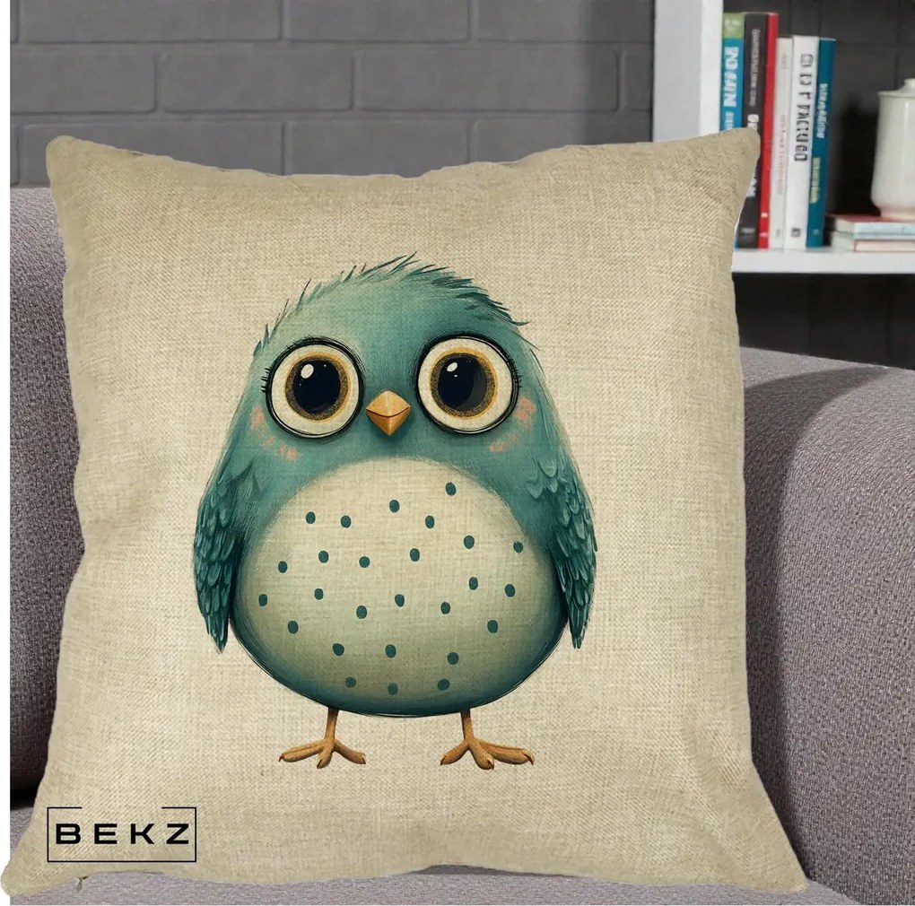 Perna Decorativa Pasare Teal cu Buline Teal, 40x40 cm, Crem, Husa Detasabila, Perna Inclusa, BEKZ®