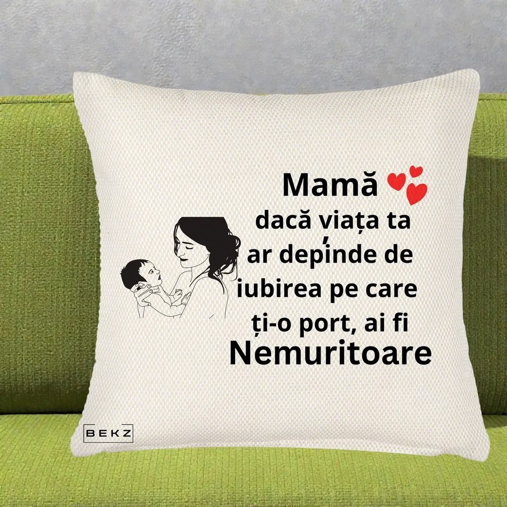 Cadou pentru Mama - Perna Personalizata Mama Nemuritoare Imbratisare Copil, 40x40 cm, Crem Reliefat, Husa Detasabila, Perna Inclusa, BEKZ®