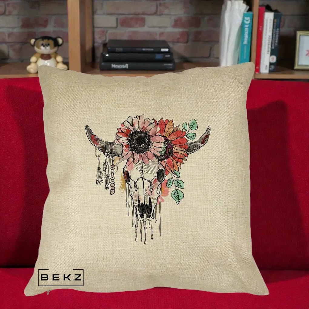 Perna Decorativa Craniu Boho Floral, 40x40 cm, Crem, Husa Detasabila, Perna Inclusa, BEKZ®