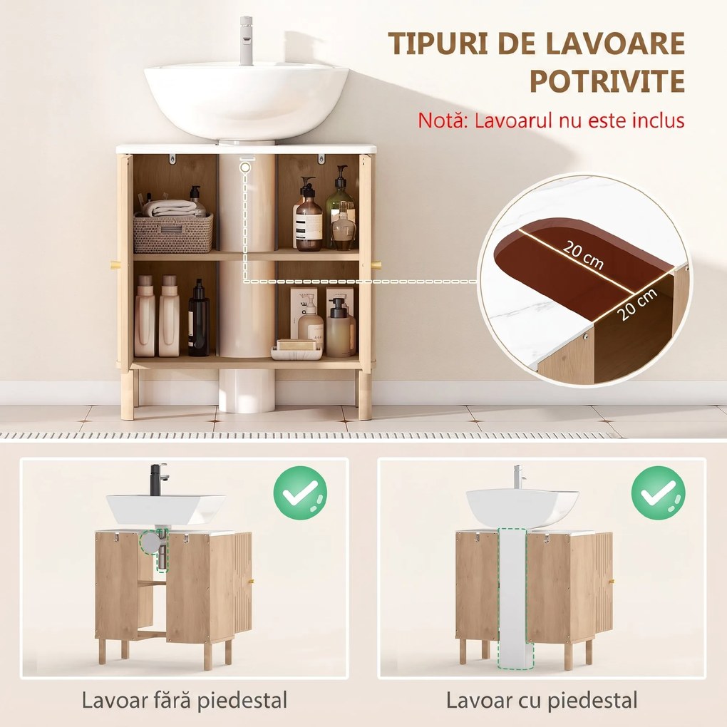 HOMCOM Dulap sub lavoar cu 2 uși, cu raft reglabil, cu efect de marmură și stejar | Aosom Romania