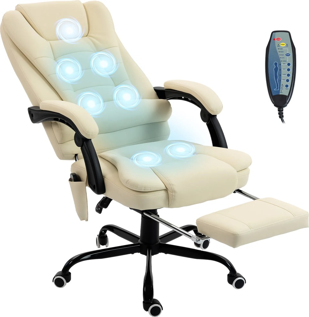 Vinsetto Fotoliu de birou cu masaj, scaun de birou cu înălțime reglabilă, spătar înclinat și telecomandă cu fir, bej | Aosom Romania