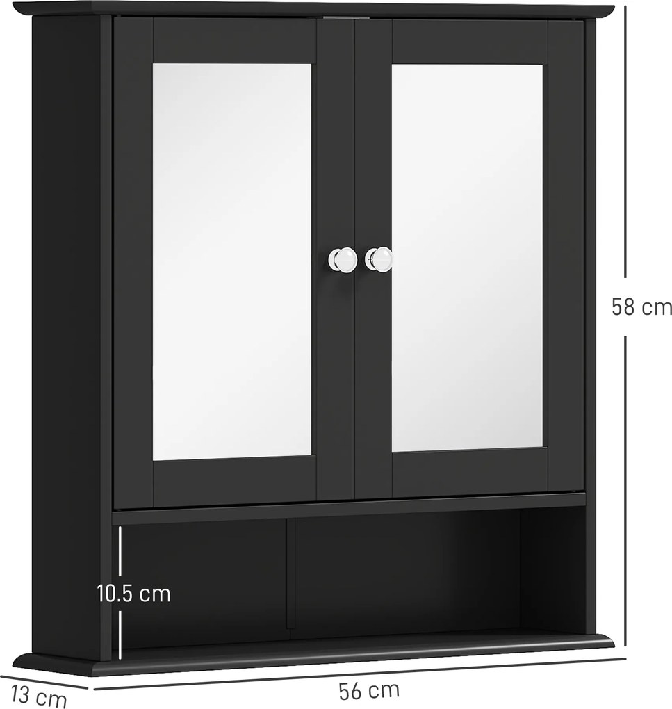 kleankin Dulap de baie cu oglindă Dulap de perete cu 2 uși Raft deschis Raft reglabil 56x13x58cm Negru | Aosom Romania