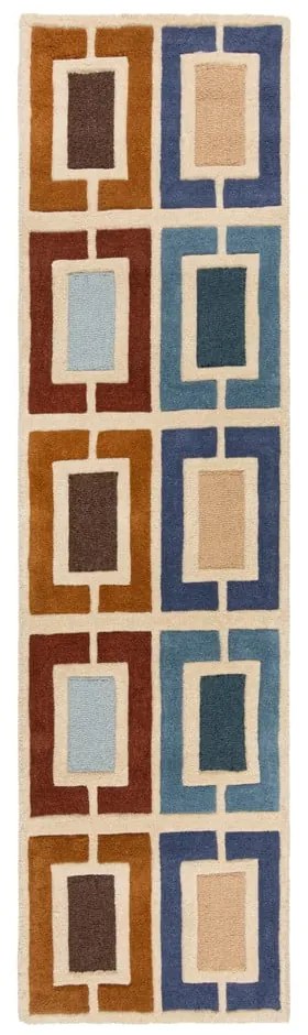 Covor tip traversă albastru/portocaliu țesut manual din lână 60x230 cm Retro Blocks – Flair Rugs
