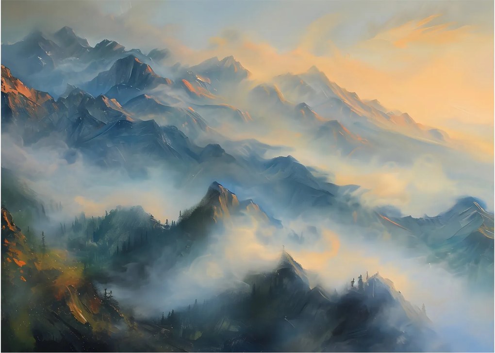 Tablou pe sticlă - Peisaj montan pictat (70x50 cm)