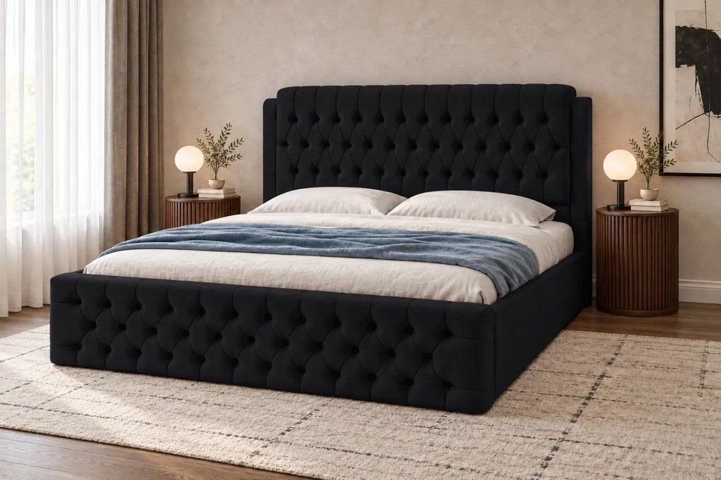 Pat tapițat din catifea Aveline 180×200 cm, negru, cu ladă de depozitare