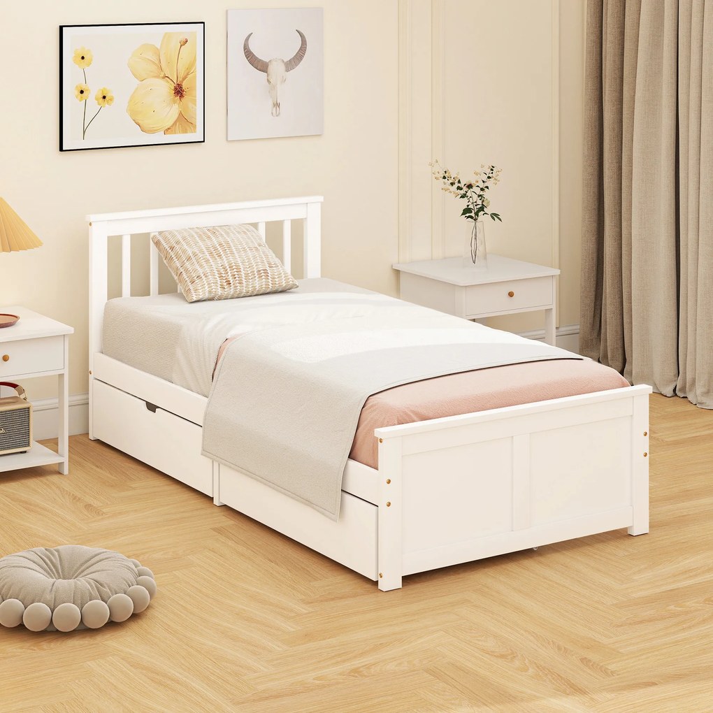 HOMCOM Cadru pat single, cadru din lemn, sertare pe roți, nu necesită somieră, 90 x 200 cm, Alb | Aosom Romania