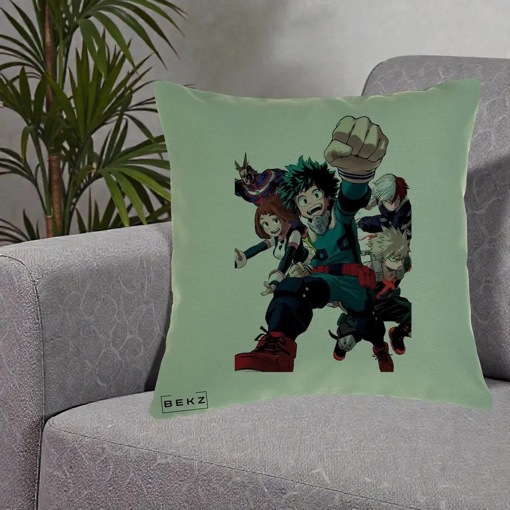 Perna Personalizata My Hero Academia Izuku Deku si Echipa, 40x40 cm, Verde, Husa Detasabila, Perna Inclusa, BEKZ®