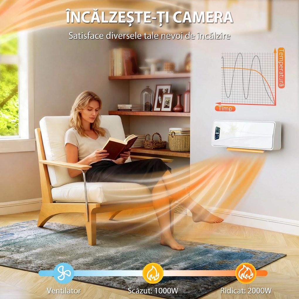 HOMCOM Încălzitor de Perete 2000 W cu 3 Moduri și Telecomandă, Alb | Aosom Romania