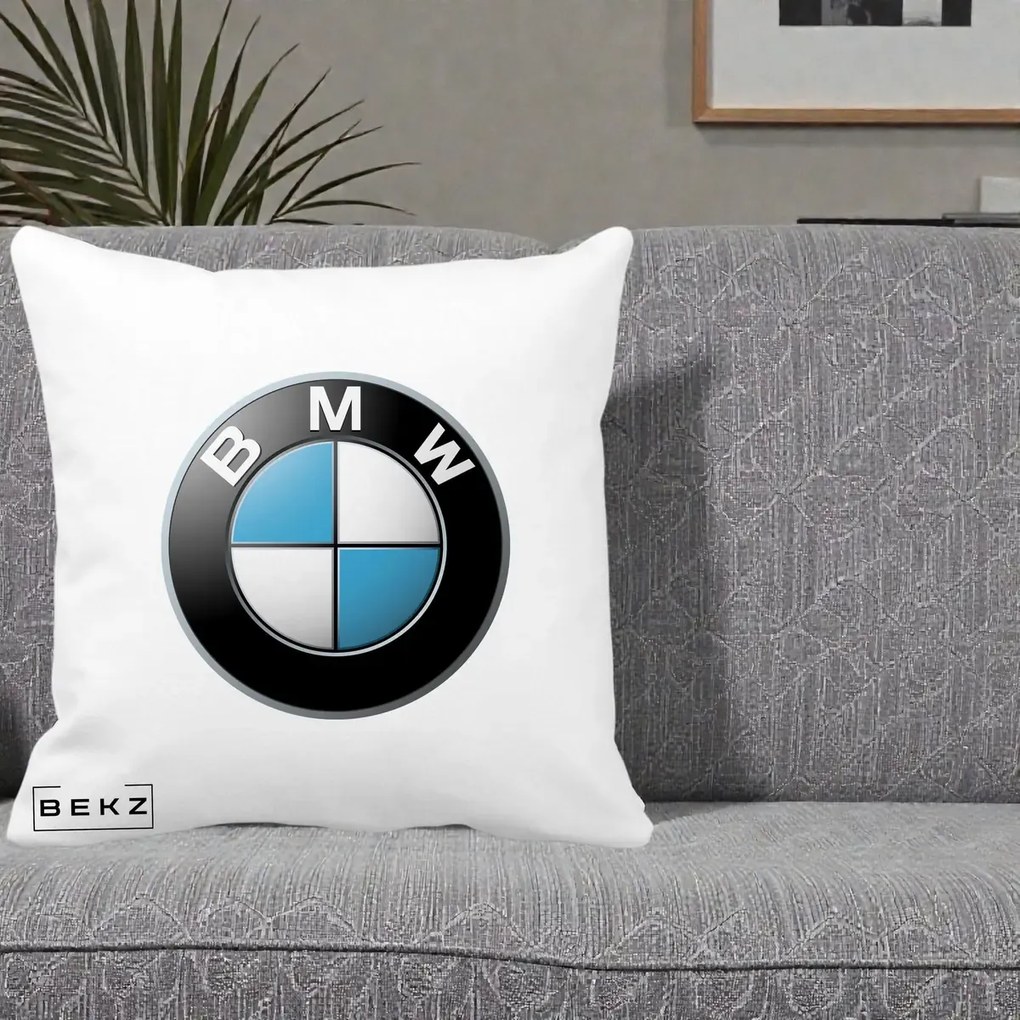 Perna Personalizata cu emblema BMW, 40x40 cm, Alba Mata, Husa Detasabila, Perna Inclusa, BEKZ®