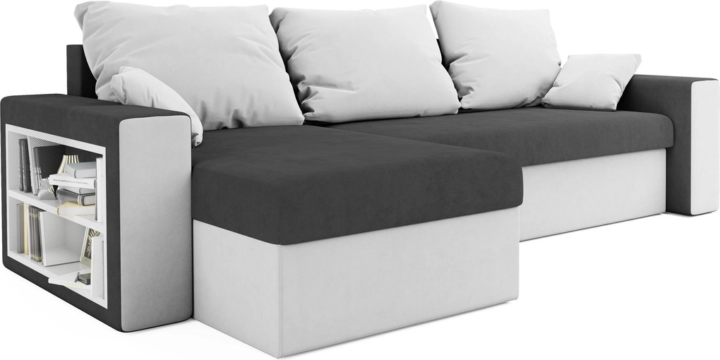 Coltar extensibil reversibil NORIX 240x140 cm, gri/alb cu polita + 2 pernute GRATIS