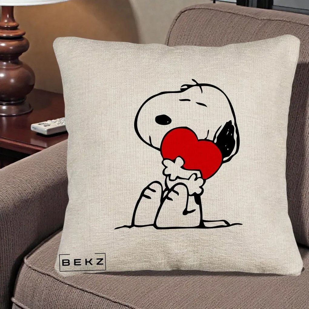 Perna Personalizata Snoopy cu Inima, 40x40 cm, Bej Canapea, Husa Detasabila, Perna Inclusa, BEKZ®