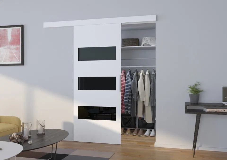 Usa glisanta Ares, ADRK Furniture (Latime: 86 cm, Culoare: Sonoma /Negru Lacobel)