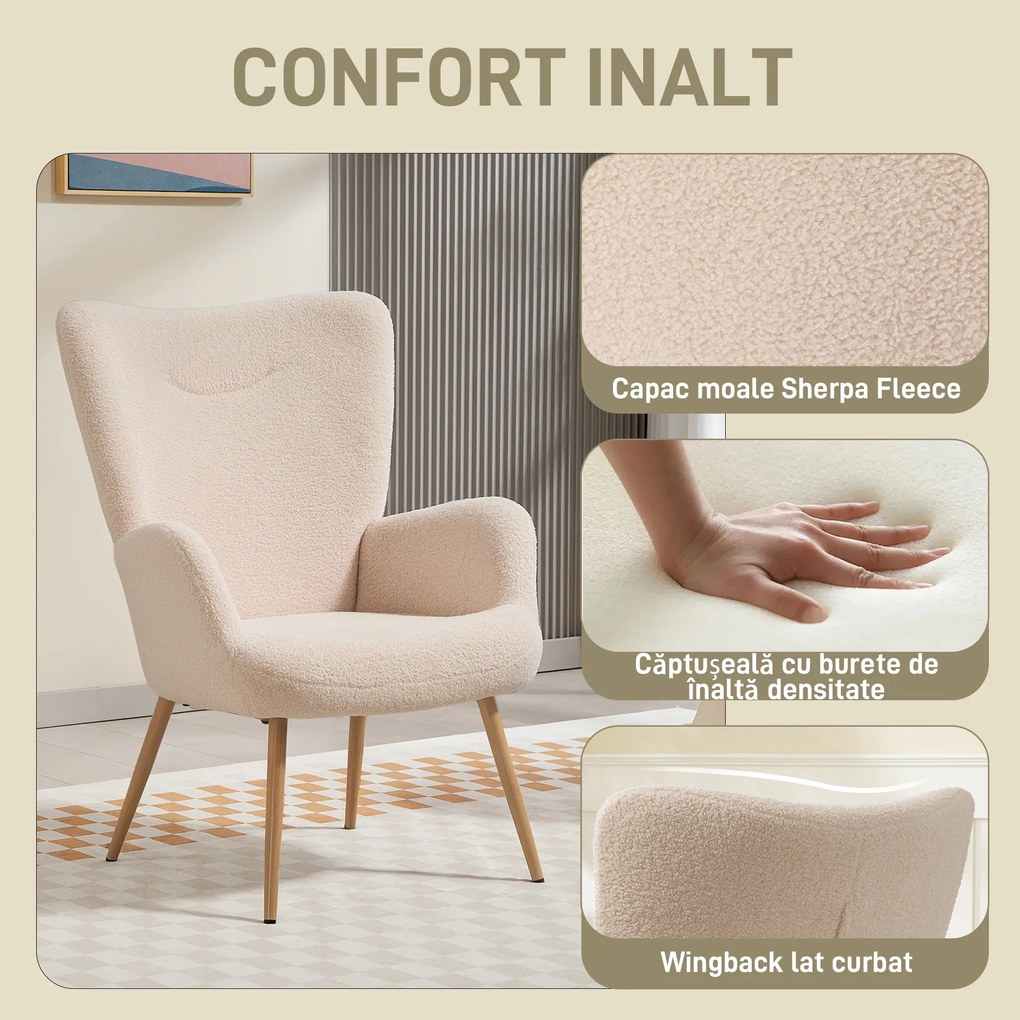 HOMCOM Fotoliu Modern Imbottito pentru Sufragerie, Fotoliu pentru Dormitor din Țesătură Sherpa cu Spătar Înalt și Brațe, Fotoliu Relax cu Cadru din Oțel pentru Sufragerie, Bej | Aosom Romania