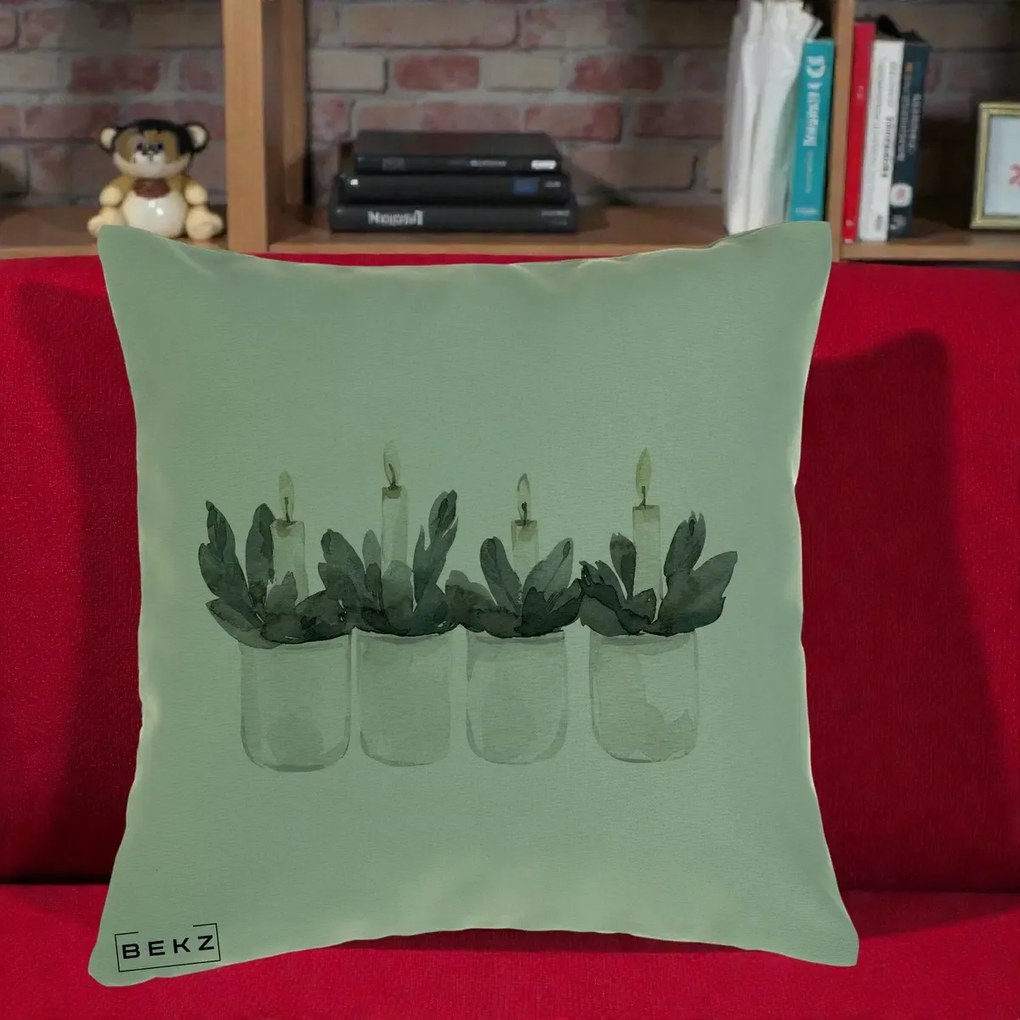 Perna Decorativa Lumanari in Borcane cu Eucalipt, 40x40 cm, Verde, Husa Detasabila, Perna Inclusa, BEKZ®