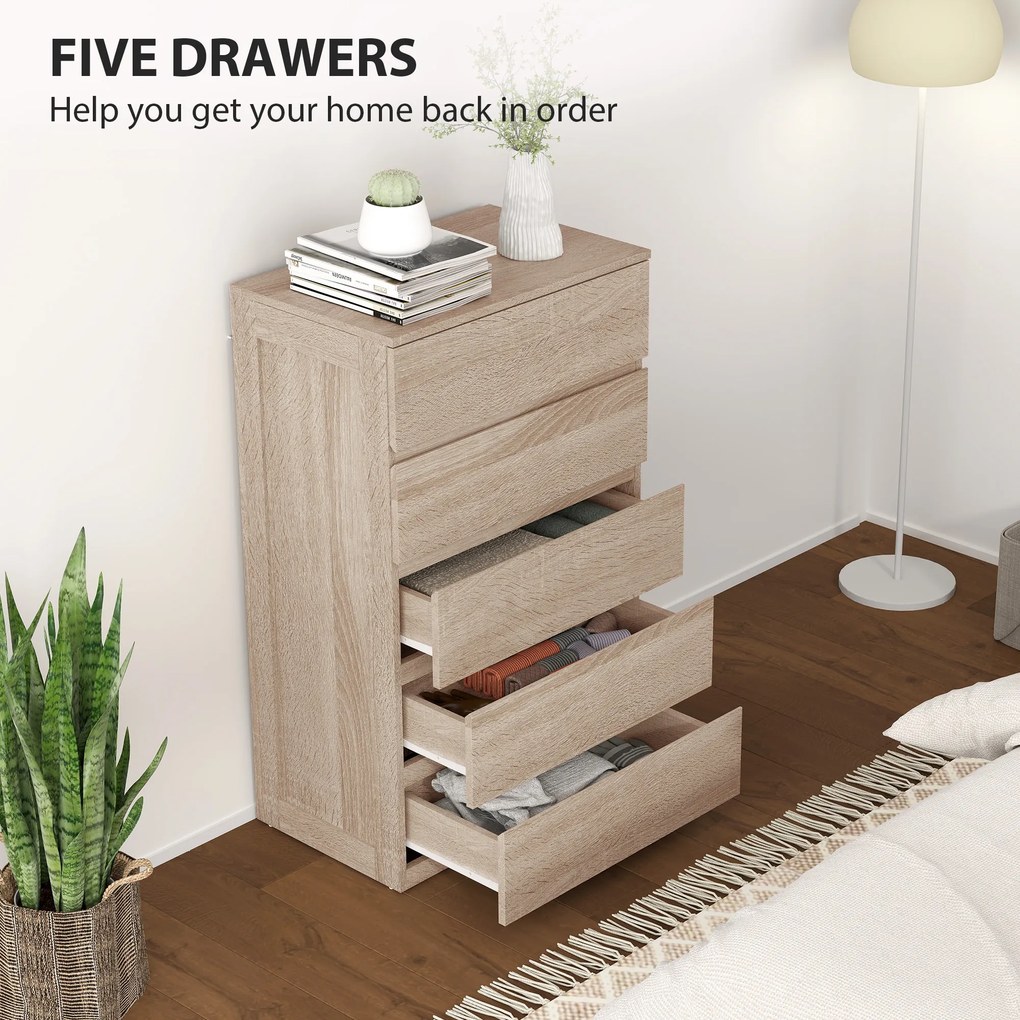 HOMCOM Comodă pentru Depozitare cu 5 Sertare, Comodă Înaltă, Comodă cu Ghidaje Metalice și Mânere Scanalate, Alb | Aosom Romania