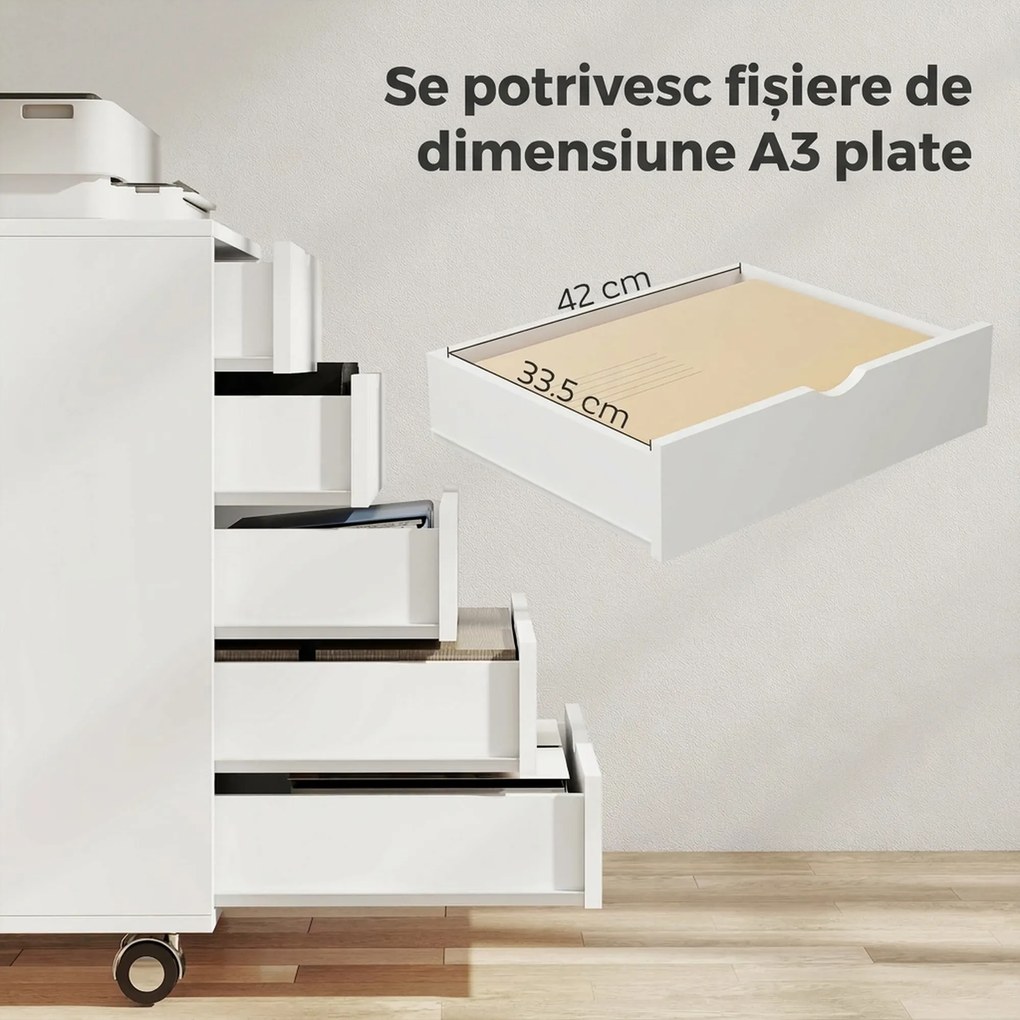 HOMCOM Dulap pentru birou cu 5 sertare pentru documente A3, pe roți și cu încuietoare, 50x40x67.5 cm, alb | Aosom Romania