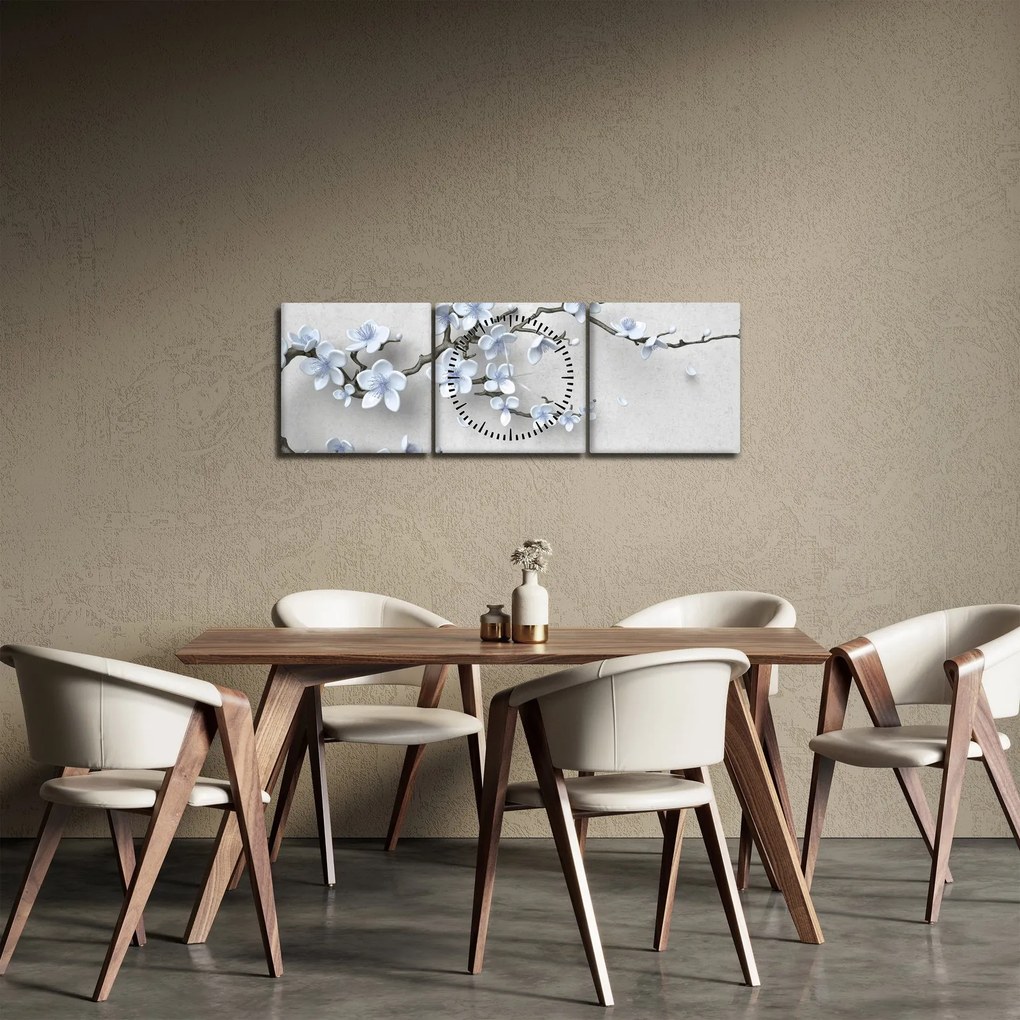 Tablou cu flori albastre (cu ceas) (90x30 cm)