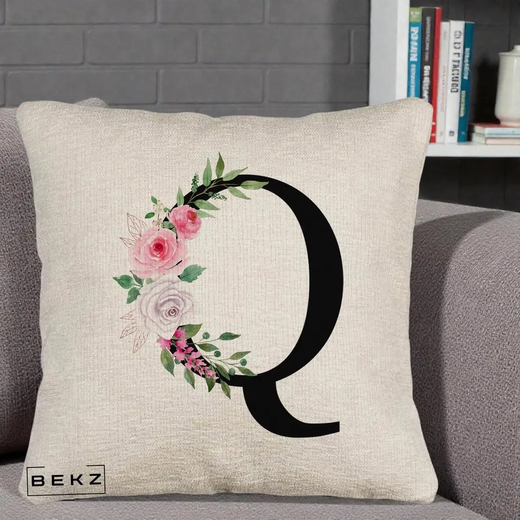 Cadou Personalizat - Perna Personalizata Monograma Florala Litera Q, 40x40 cm, Bej Canapea, Husa Detasabila, Perna Inclusa, BEKZ®