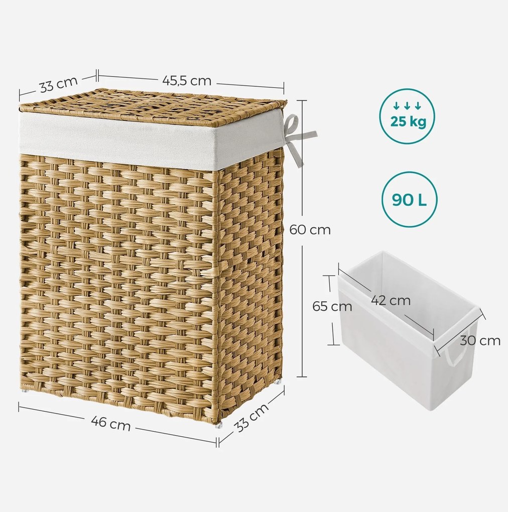 Cos pentru rufe LINELO 90 L pliabil, ratan artificial bej