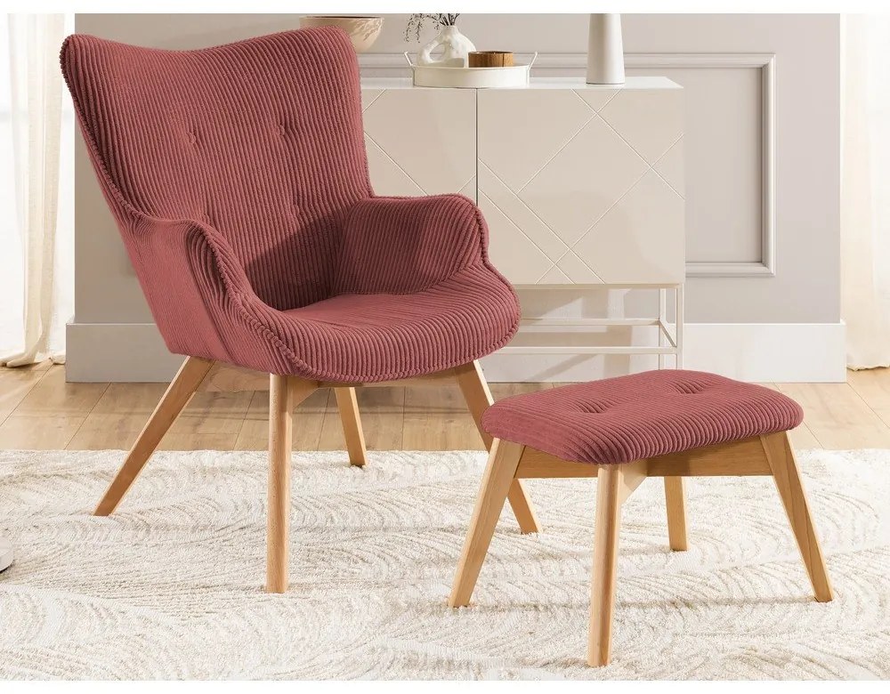 Fotoliu cu taburet roșu cu tapițerie din catifea reiată Niko – Ropez