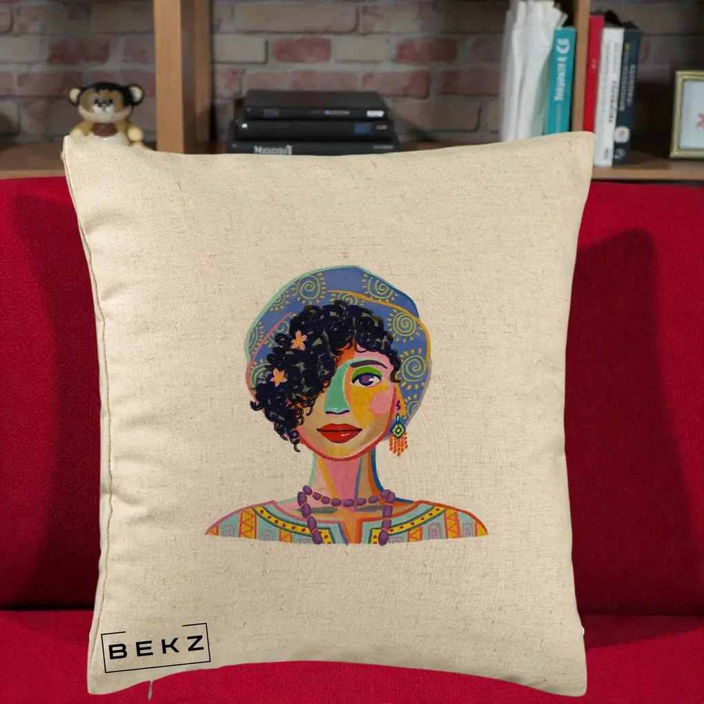 Perna decorativa Portret Femeie Etnic Colorat, 40x40 cm cu Umplutura, Bej, BEKZ