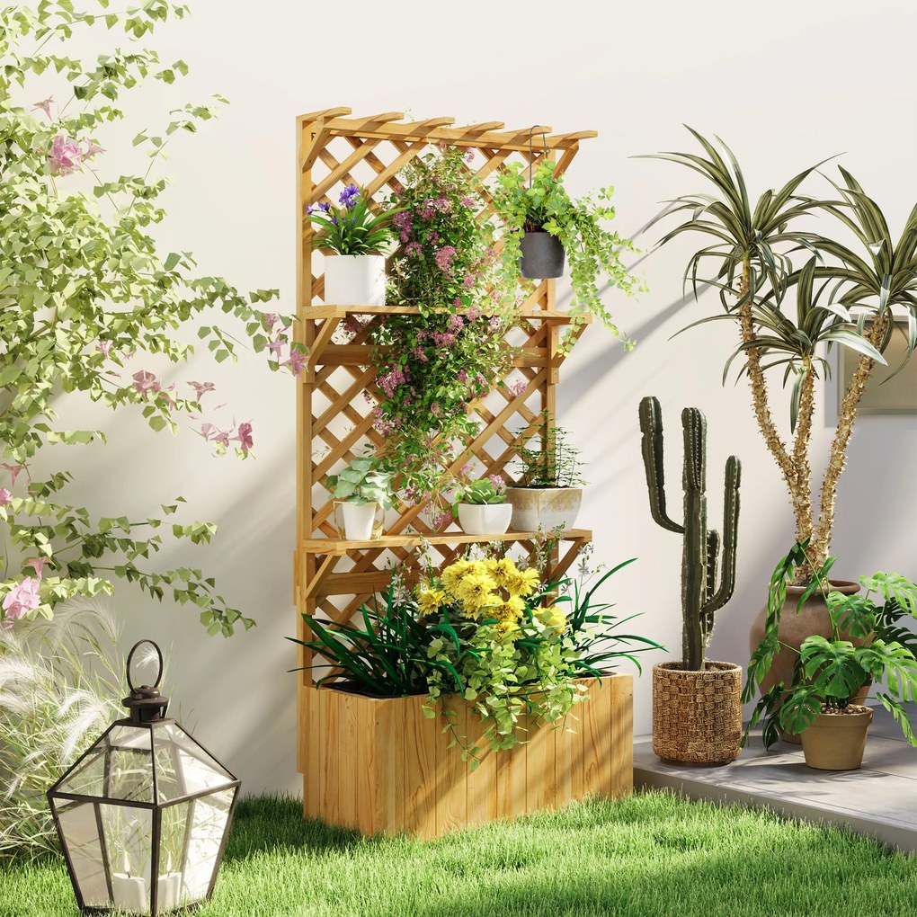 Outsunny Jardinieră din Lemn cu Suport pentru Plante și Orificii de Drenaj, 76x33x177 cm, Natural | Aosom Romania