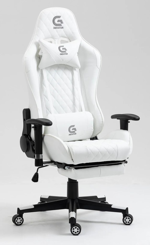 Scaun gaming, masaj in perna lombara, sezut benzi elastice sustinere suplimentara, cotiere 3D, suport picioare, funcție sezlong, 90-180 grade, Alb